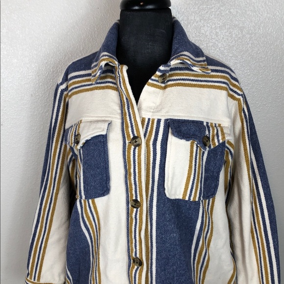 Aerie Striped Shacket Button‎ Up Long Sleeve Flannel Yellow Blue Oversized XS - Picture 6 of 16